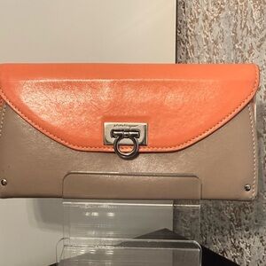 Salvatore Ferragamo Two-Tone Clutch in Orange and Tan